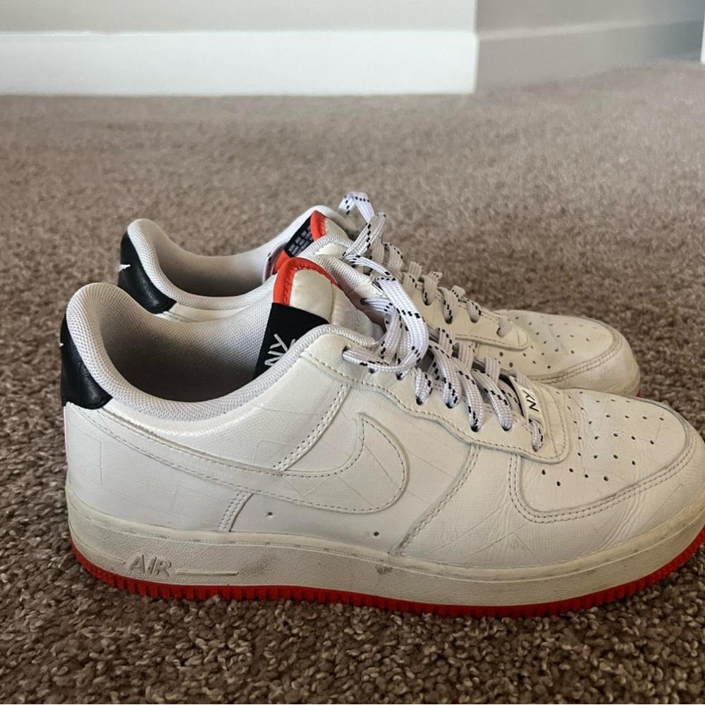 Nike Air Force NY, White and Black Sneakers with Orange Soles